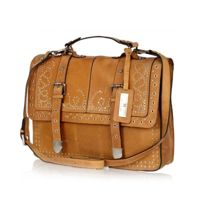 Tan studded leather satchel