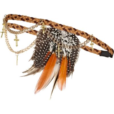 Brown feather chain hair band
