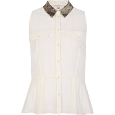 Cream embellished collar peplum shirt