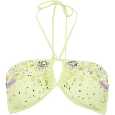 Lime Pacha embellished bandeau bikini top