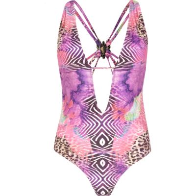 Pink Pacha mixed animal print plunge swimsuit