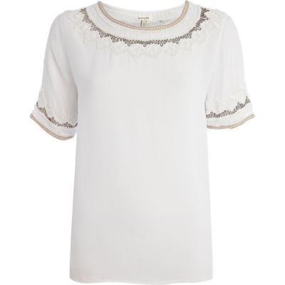 White embellished collar crepe t-shirt