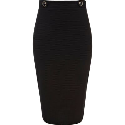 Black rib buttoned waist pencil skirt