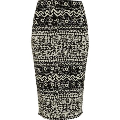 Cream and black tribal print pencil skirt