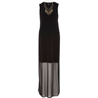Black sheer hem necklace maxi dress