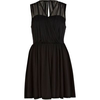 Black sheer ruched wrap skater dress
