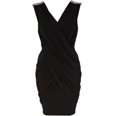 Black wrapped embellished shoulder dress