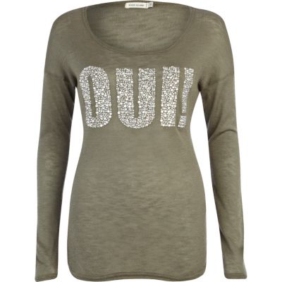 Khaki oui embellished print t-shirt