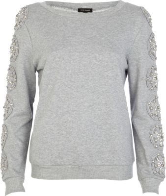Grey embellished sleeve sweatshirt