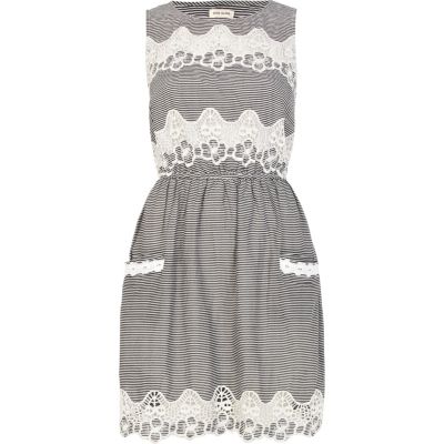 Navy stripe lace insert sleeveless dress 