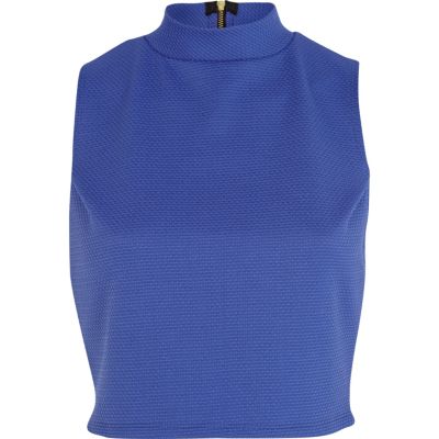 Blue textured zip back turtle neck crop top