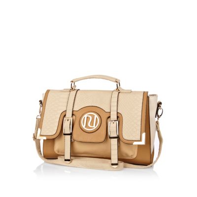 Beige snake colour block satchel 