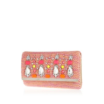 Pink tweed embellished clutch bag. 
