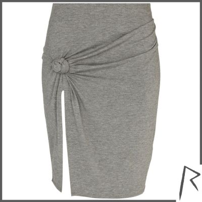 Grey Rihanna knot front thigh split skirt
