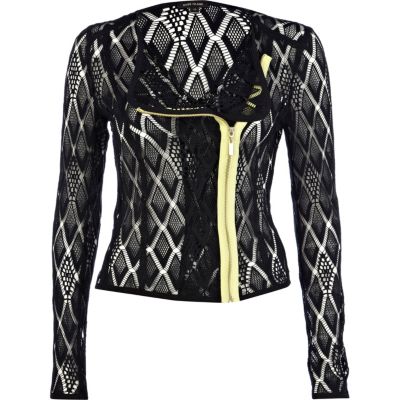 Black geometric lace fluro zip biker jacket