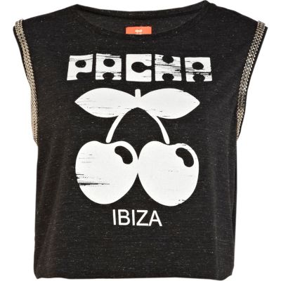 Dark grey Pacha chain trimmed crop tank top
