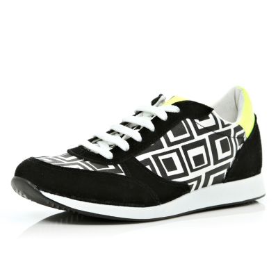 Black tribal print colour block trainers