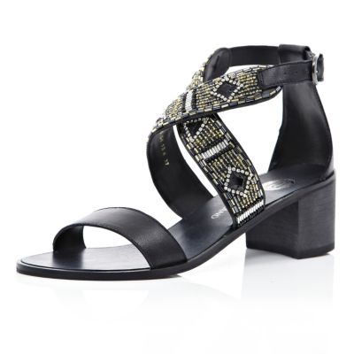 Black embellished strap block heel sandals