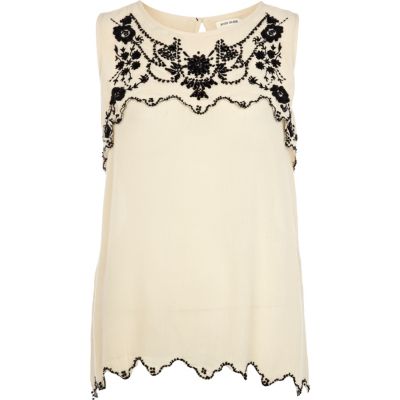 Cream embroidered layer shell top