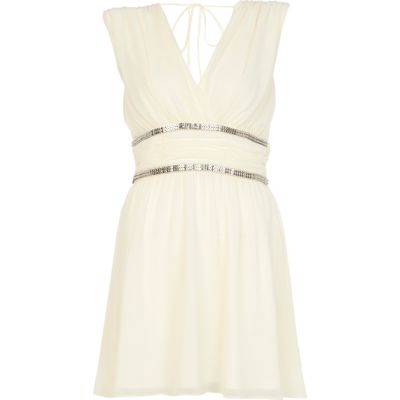 Cream embellished ruched waist dress