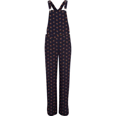 Navy leaf print jacquard smart dungarees