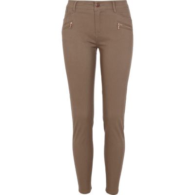Khaki skinny biker trousers