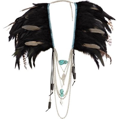 Black feather draped chain cape