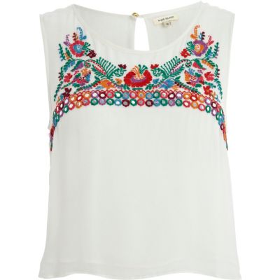 Cream embroidered tank top