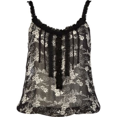 Black floral print sheer bubble hem top