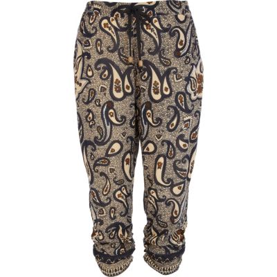 Blue paisley print ruched hem crop trousers 