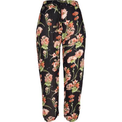 Navy floral print ruched hem trousers 