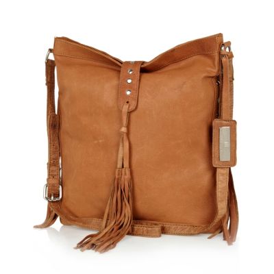 Tan leather tassel messenger bag