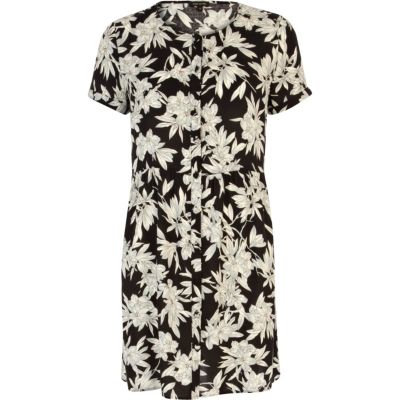 Black oriental flower print smock dress