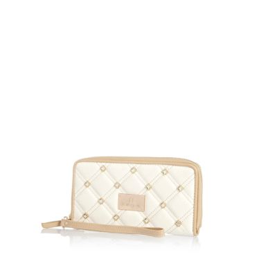 Cream diamante quilted zip around purse