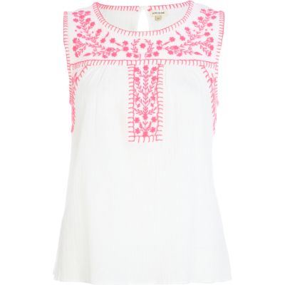 White embroidered sleeveless tank top