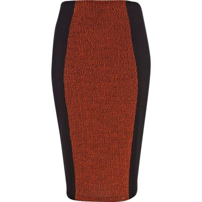 Black boucle contrast panel pencil skirt