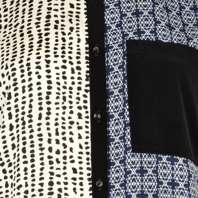 Blue mosaic print colour block shirt