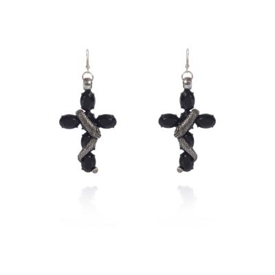 Black gem stone snake cross earrings