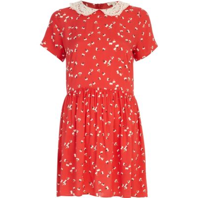 Red ditsy print tea dress