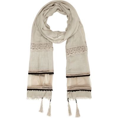 Beige tassel embroidered lightweight scarf 