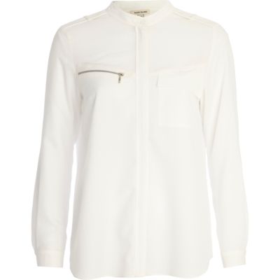 White collarless military shirt