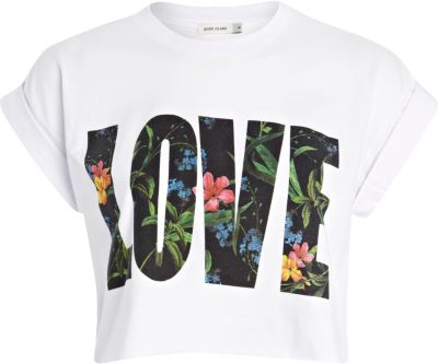 White 'love' print cropped tee