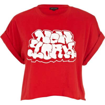 Red New York graffiti print cropped t-shirt