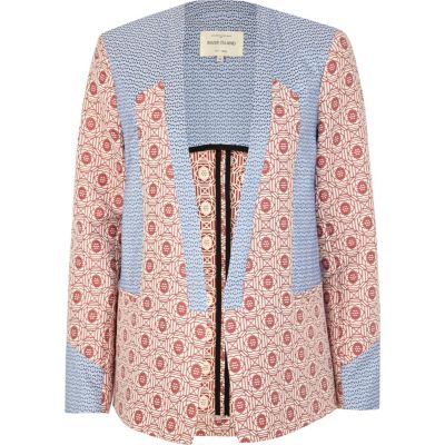 Blue retro tile print colour block blazer