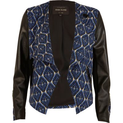 Blue tribal print buckle biker jacket