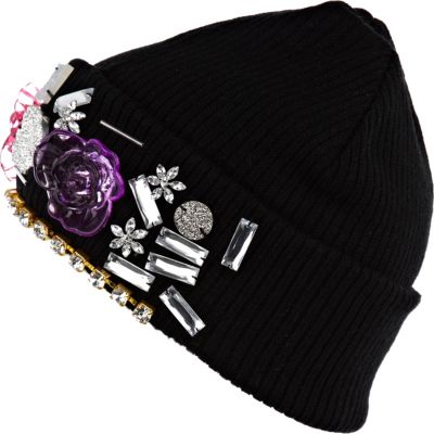 Black embellished beanie hat