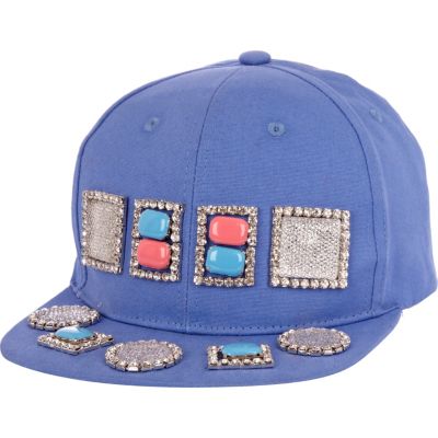 Blue gem stone embellished flat peak cap