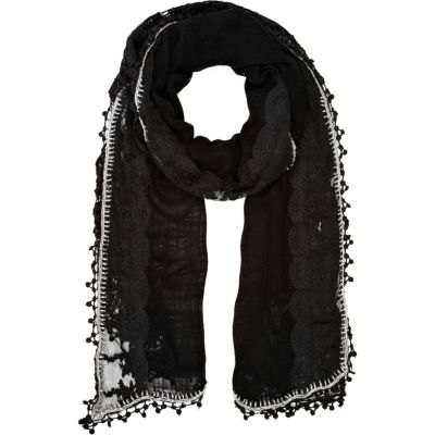 Black beaded crochet trim lightweight scarf
