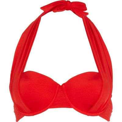 Red drape push-up halter neck bikini top