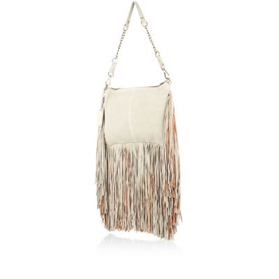 Grey leather fringed cross body bag